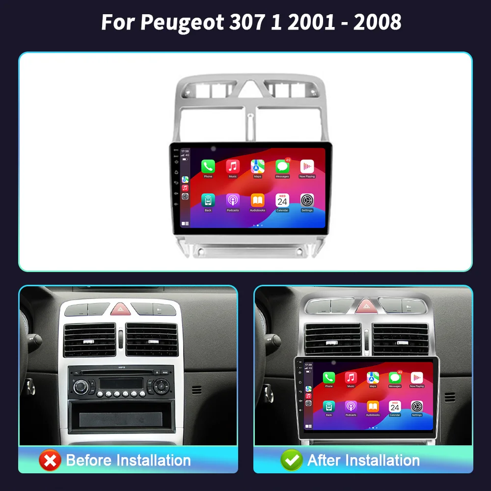 Apple Carplay sem fio para Peugeot, Android 14, Rádio do carro, Bluetooth Central Multimedia, Touch Screen Stereo, 4G, GPS, 307 1 2001-2008