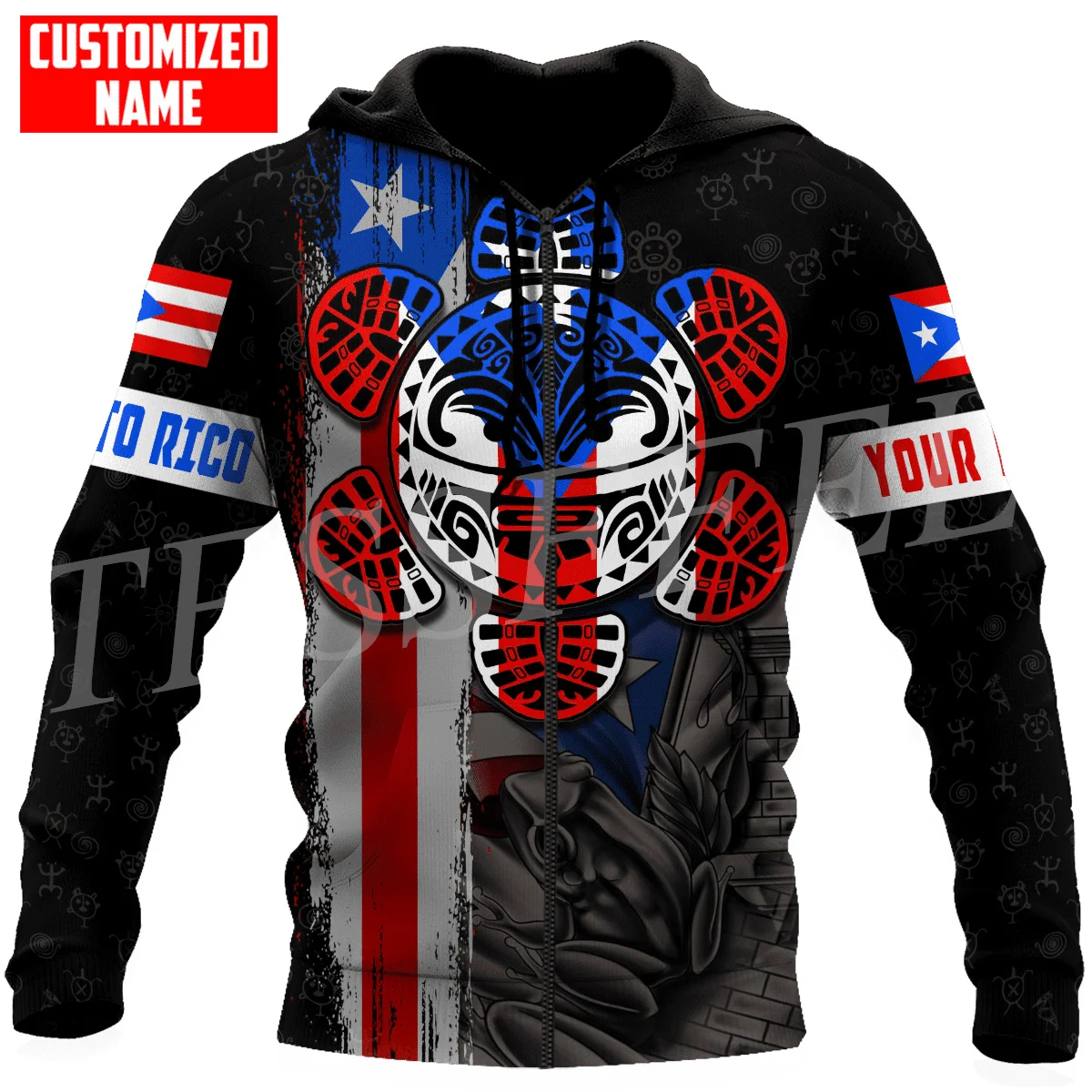 Custom Name Country Puerto Rico Boricua Taino Caribbean Sea Tattoo Retro 3DPrint Harajuku Casual Funny Pullover Jacket Hoodies M