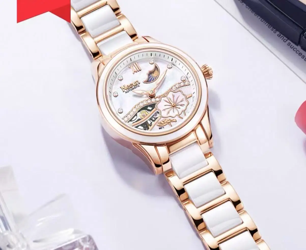 ساعة نسائية هدية للرجال من NESUN، ساعة نسائية ميكانيكية أوتوماتيكية بالكامل، أنيقة، كاجوال، مضيئة بهيكل عظمي، هدية للرجال