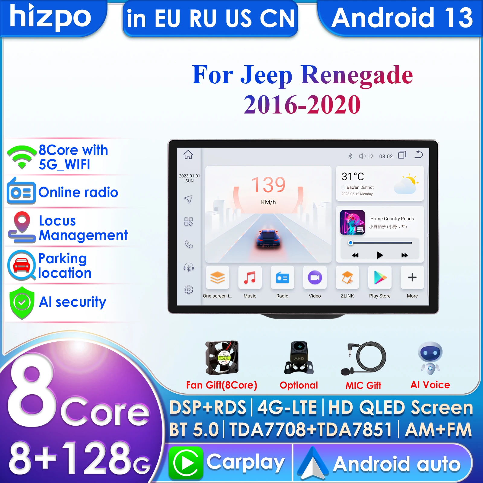 

2 Din Car Radio Android Auto CarPlay for Jeep Renegade 2016 2017 2018 2019 2020 Video Multimedia Player WIFI 2din Navigation GPS