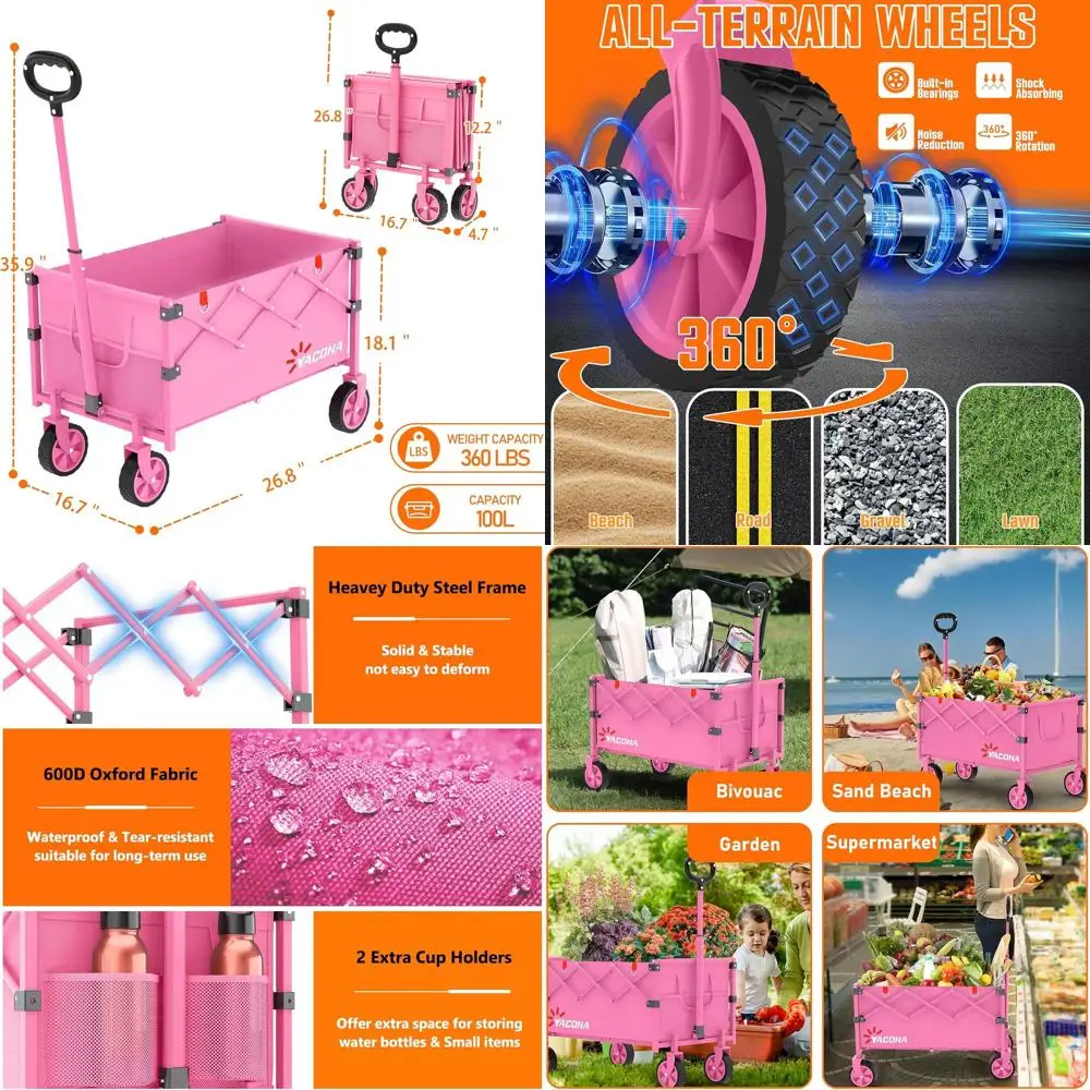 

Collapsible Portable Utility Cart with Wheels, Ideal for Grocery, Camping, Beach, and Garden in Pink