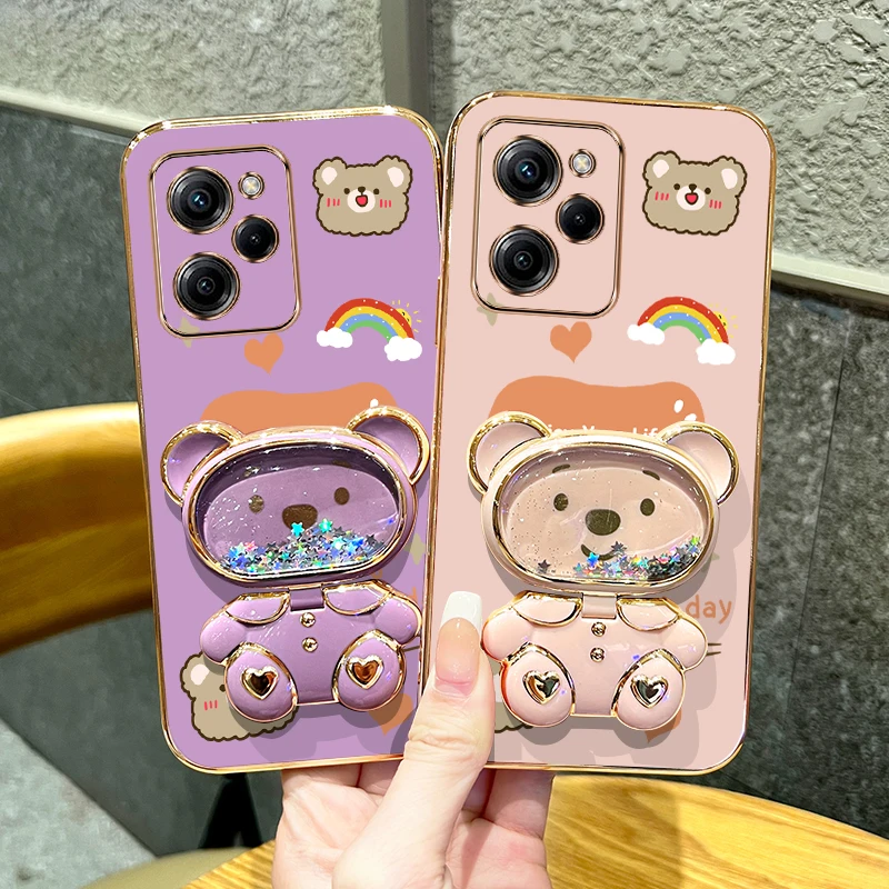 X 5Pro Shining Bear Plating Holder Phone Case For Xiaomi POCO X3NFC X5 X5Pro X4GT X4Pro X3Pro X3GT M4 C55 C65 F5 M3Pro Cover