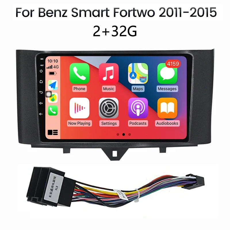 2 Din Car Frame Fascia 2+32G Adapter Adapter Android Radio Dash Fitting Panel Kit For Benz Smart Fortwo 2011-2015 Power Cord