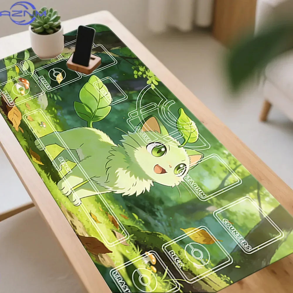 Cute Green Cartoon Cat Forest Scenery Card Game Zoned Mouse Pad Rubber Non Slip Desk Mat for Trading Card Table Decor