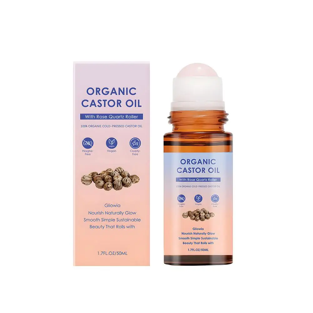 Roll-on d'huile de ricin biologique pressée à froid 50 ml avec applicateur en quartz rose pour nourr