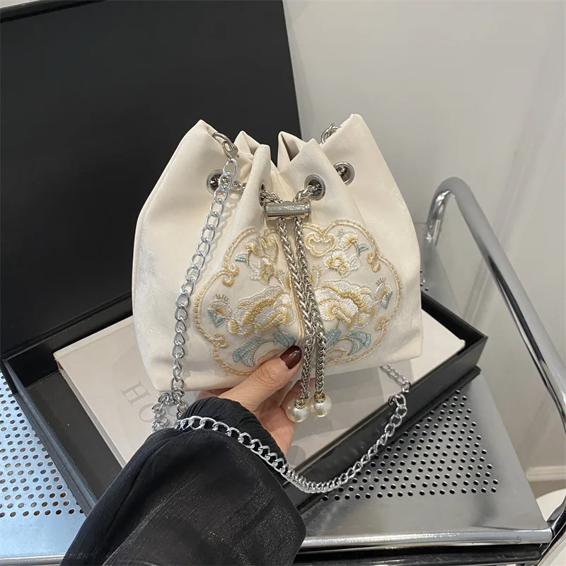 

Chinese Style Retro Flower Embroidery Crossbody Top-handle Bags Women Shoulder Lace Drawstring Bucket Bag Coin Purses Handbags