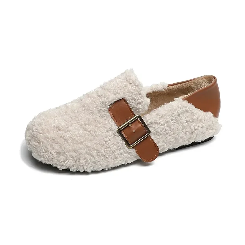 Zimowe pluszowe płaskie buty damskie Outdoor Two Wear Snow Flats Modne mokasyny z okrągłym noskiem Ciepłe futro Mary Jane Luksusowe buty damskie