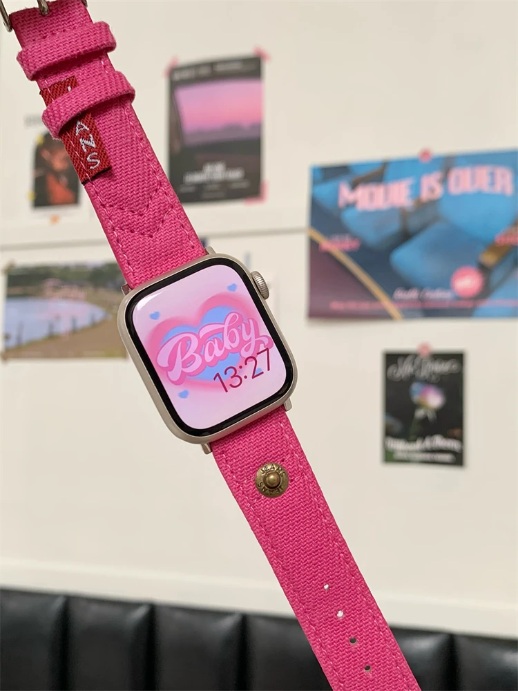 Korea Pink Denim Canvas Leather Watch Band For iWatch Series 8 7 6 5 4 3 SE Girl Casual Strap For Apple Watch 41mm 40mm 44 45 49