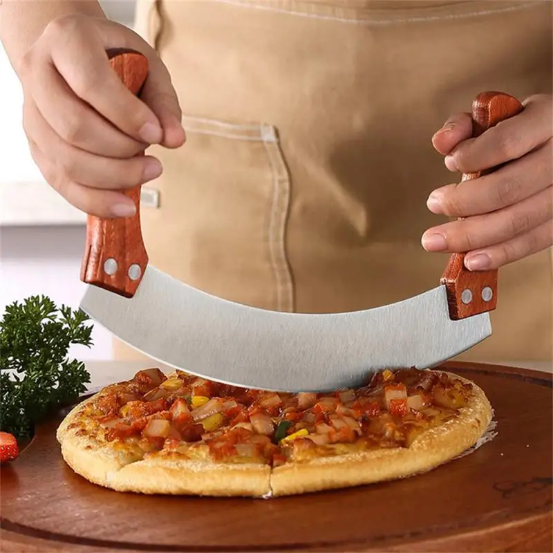 Cuchillo de Pizza con doble mango de madera, herramienta de cocina para hornear, acero inoxidable con raspador curvo, turrón