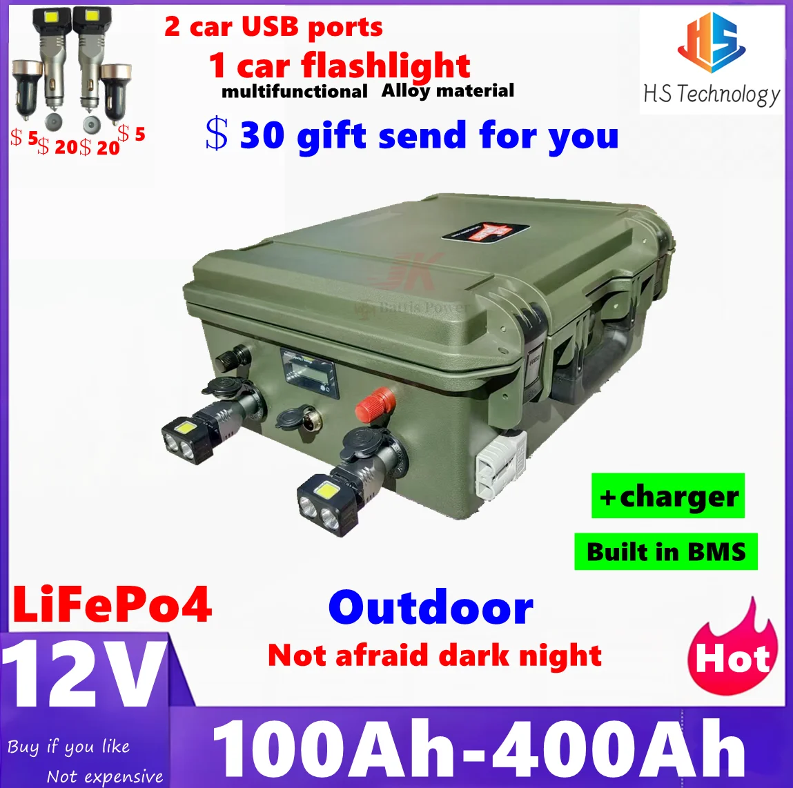 HS LiFePo4 12V 100AH 150Ah 180Ah 200Ah 250Ah 300Ah 400Ah Lithium Battery for EV boat,Trolling Motor Solar Panel Outdoor,RV CAMP