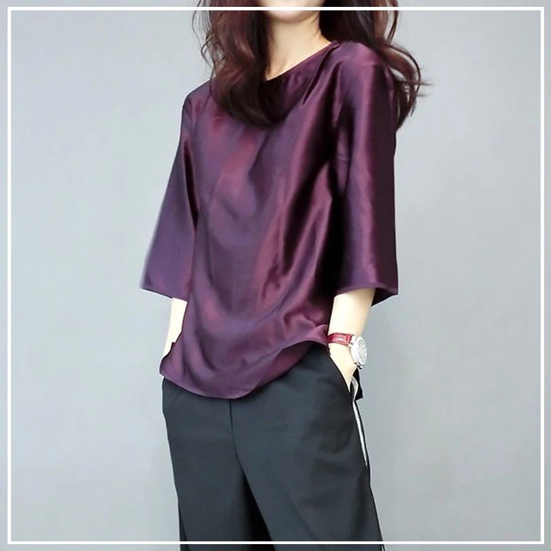 

2024 New Summer Retro Minimalist Fashion Casual Loose Oversize Round Neck Solid Color Versatile Three Quarter T-shirt for Women