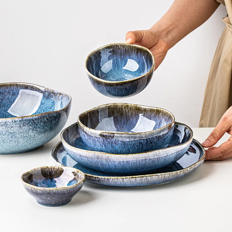 

Yjq kiln change glaze tableware retro personality blue irregular ceramic dishes