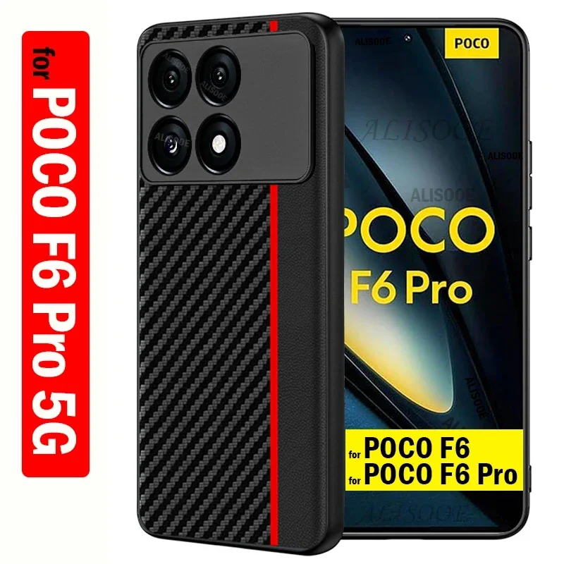 Shockproof Funda for POCO F6 Pro Case Luxury Carbon Fiber Texture PU-Leather Protective Cover for Xiaomi POCO F6 5G Capa