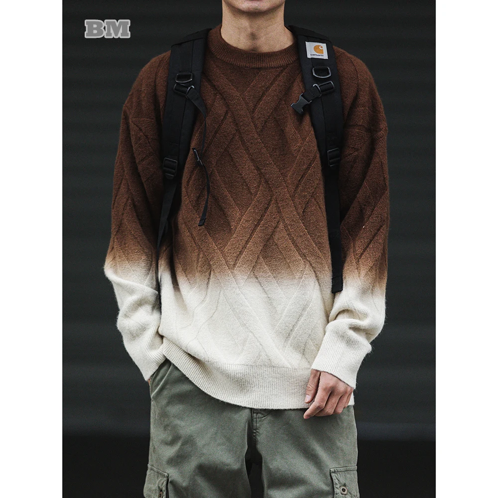 Winter Japanese Streetwear Gradient Knitwear Korean High Quality Trend Sweater Harajuku Crew Neck Pullover Men Women Clothing