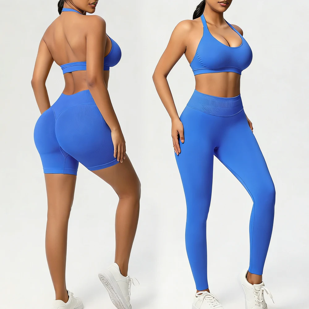 女性用3ピースシームレスハイウエストヨガセット、厚手お腹コントロールスポーツブラ、レギンス＆ショートパンツ、ワークアウトジム、ランニング用、卸売