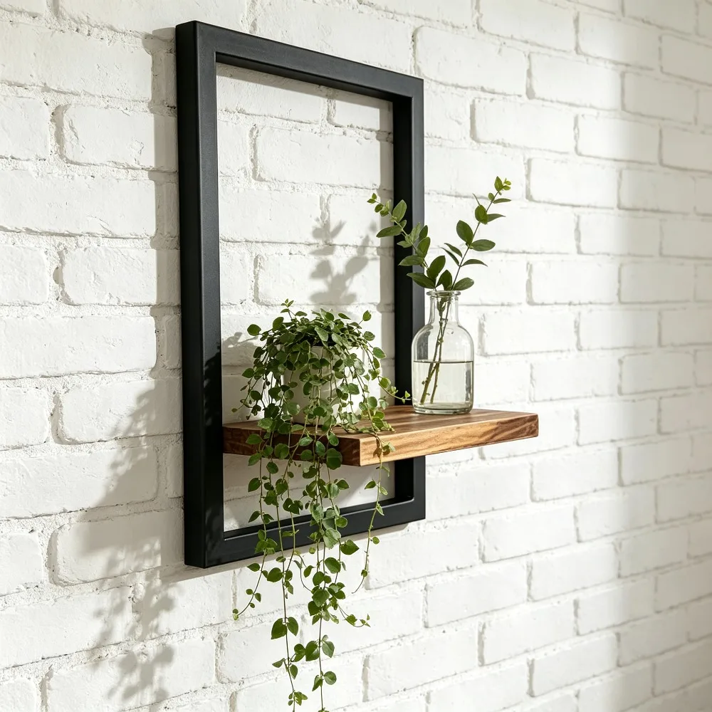 Black Frame Wooden Wall Mounted Shelf Floating Hanging Display Rack Candle Decor Plant Photo Small Ornament Bedroom Living Room