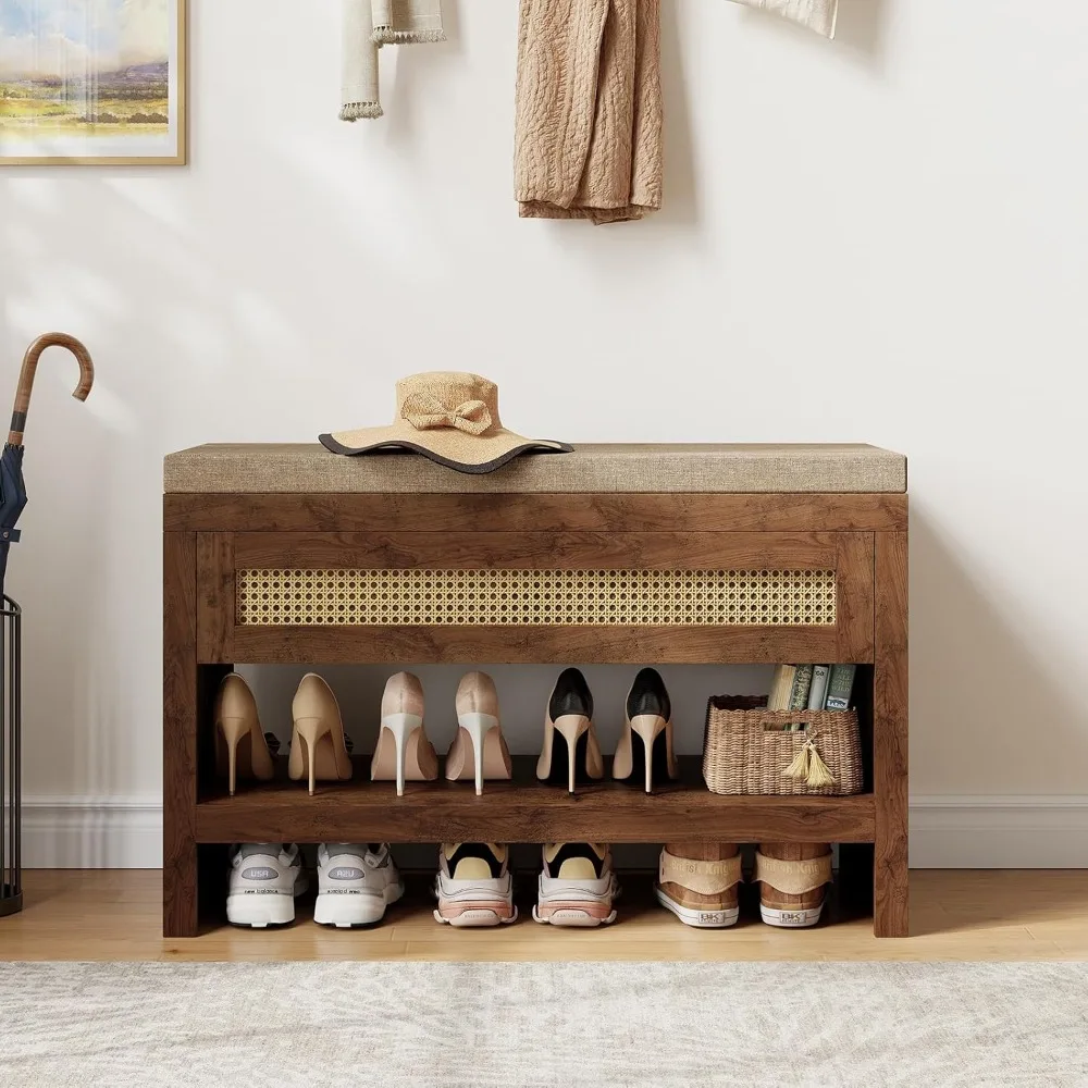 مقعد تخزين أحذية الروطان المبطن، درج ورف مزرعة مقاس 31 بوصة، مقعد منظم مدخل خشبي