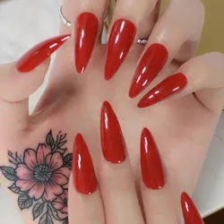 Acrylic Press On Nails Glossy Wine Red False Nails With Glue Sticker Long Stiletto Fingernails DIY Lady Manicure Fake Nails Tips
