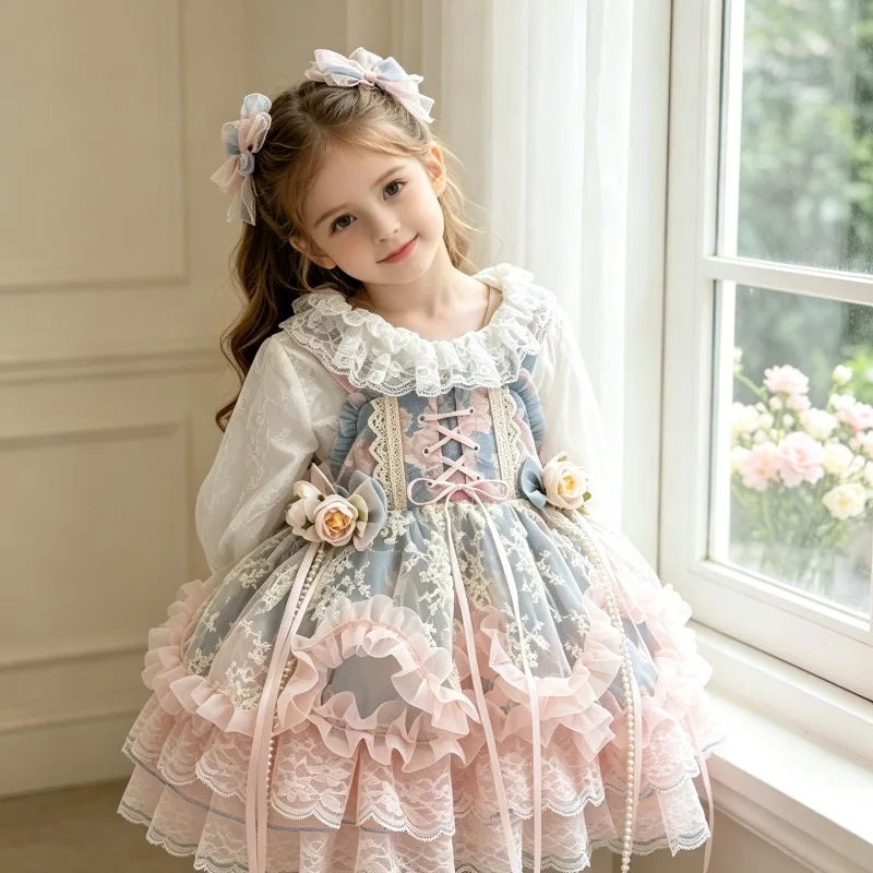 Kinder Lolita JSK Kleid Spitze Rüschen Spaghettiträger 3D-Blume Rosa Gerüschter Tüllrock Süßes Prinzessinnen-Teeparty-Kinderoutfit – Detail 3