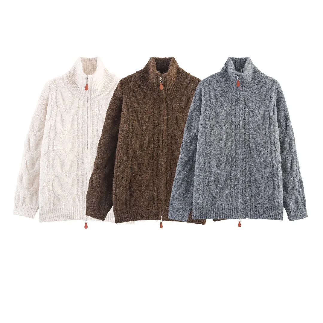 

Retro Solid Color Double Zipper Turn-down Collar Sweater Women Autumn Winter New Lazy Style Loose Knitted Cardigan New Women Top