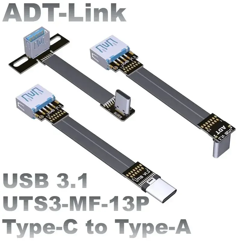 ADT-Link 3A USB 3.1 Type-C Male to USB-A Female A Double 90° Ribbon Flat FPV FPC Angled Up Down USB 3.1 Fast Charging Data Cable