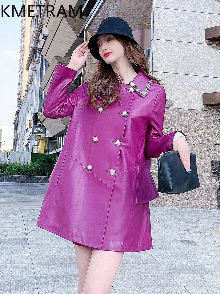 100% capa superior de chaqueta de piel de oveja para mujer, chaquetas de cuero genuino de longitud media, prendas de vestir exteriores holgadas, ropa de otoño 2025 para mujer