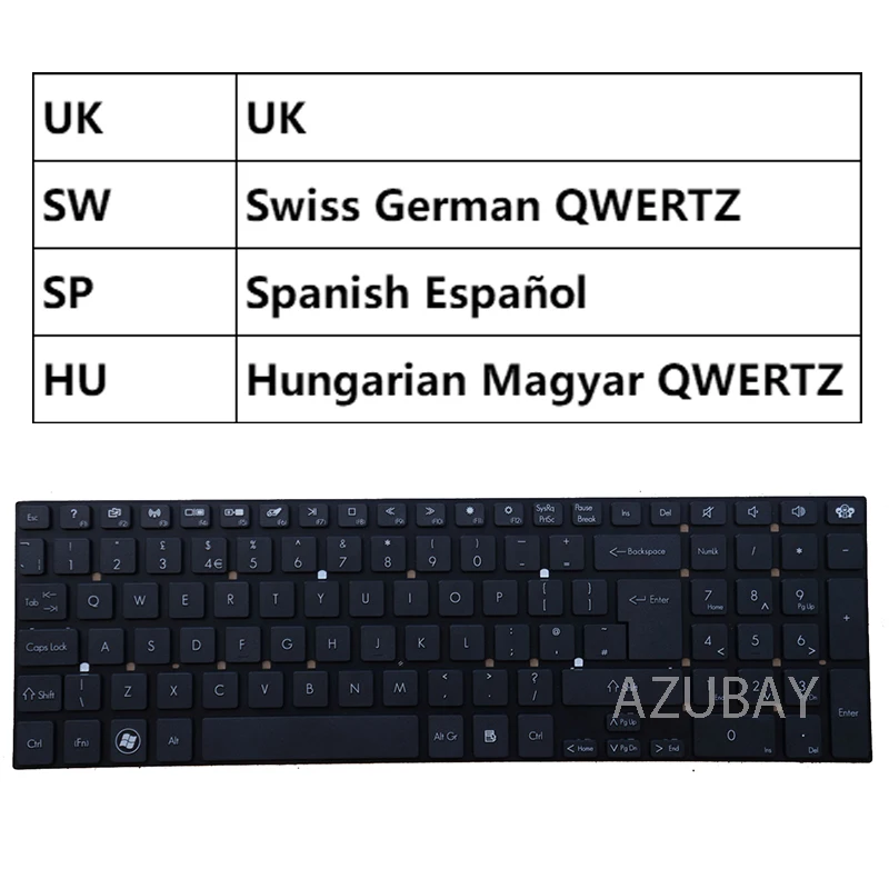 UK Swiss German Spanish Hungarian Keyboard For Gateway NV76R NV76R23u NV76R31u NV76R39u NV76R43u NV76R44u NV76R45u P7YS0 VAB70