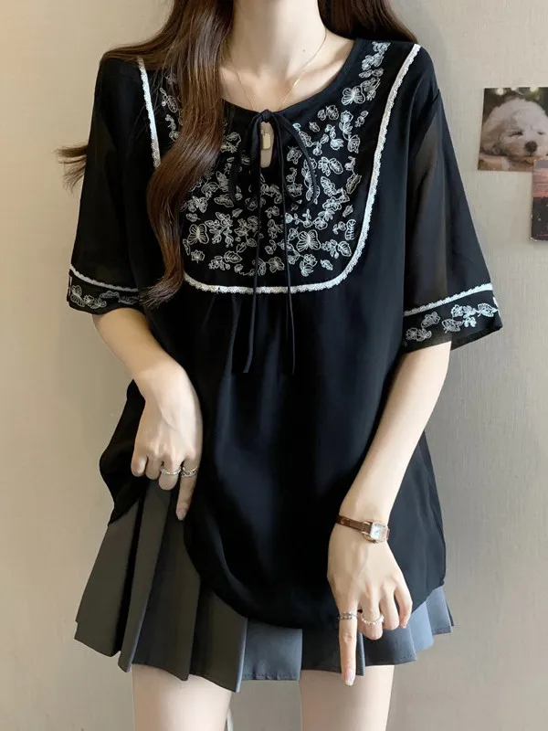 

plus Size Retro Ethnic Embroidered Print ort Sve irt Women Summer Flattering Tummy Covering Belted Top Polyester Fiber
