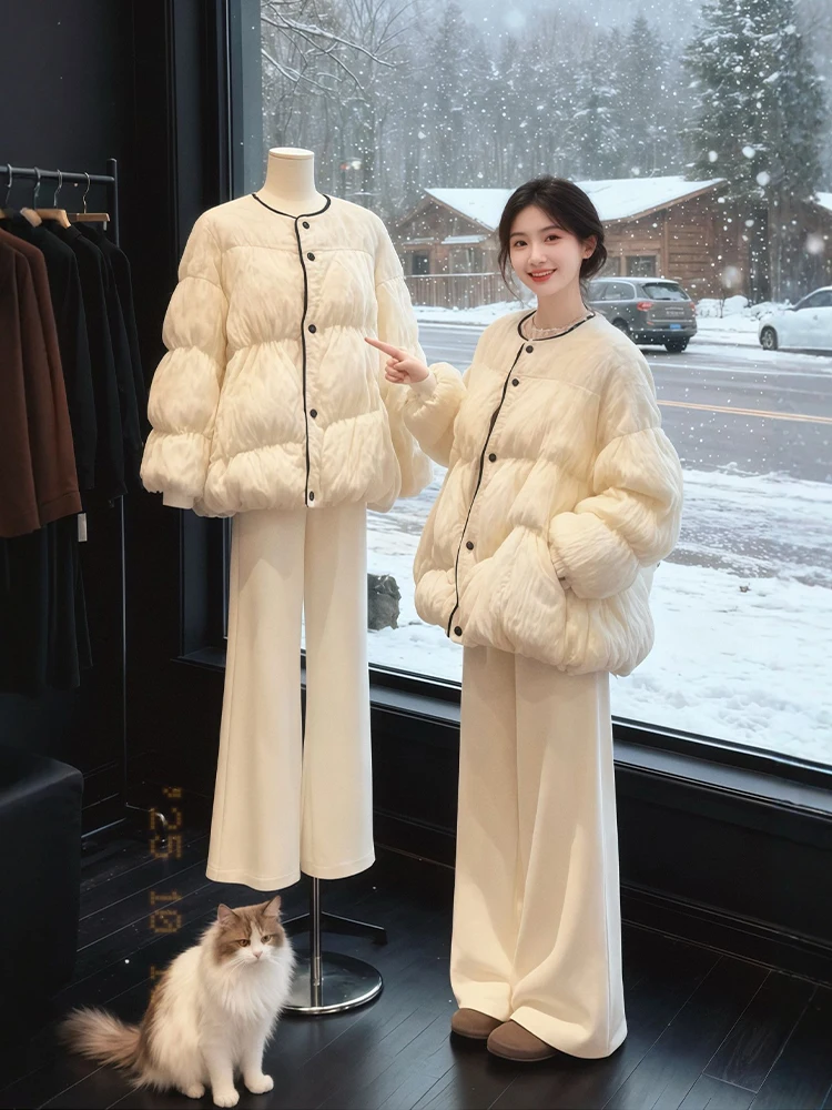 

Cloud Bread Thiened Winter Faion Set Large Size Casual Pants Cotton Jaet Outerwear plus Size Women's Sli Ensemble