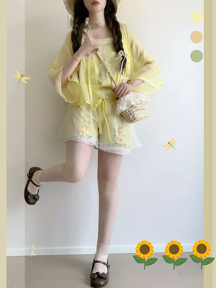 New chinese style women martial arts style retro stand collar vest loose casual skirt tulle shirt suit jk hanfu