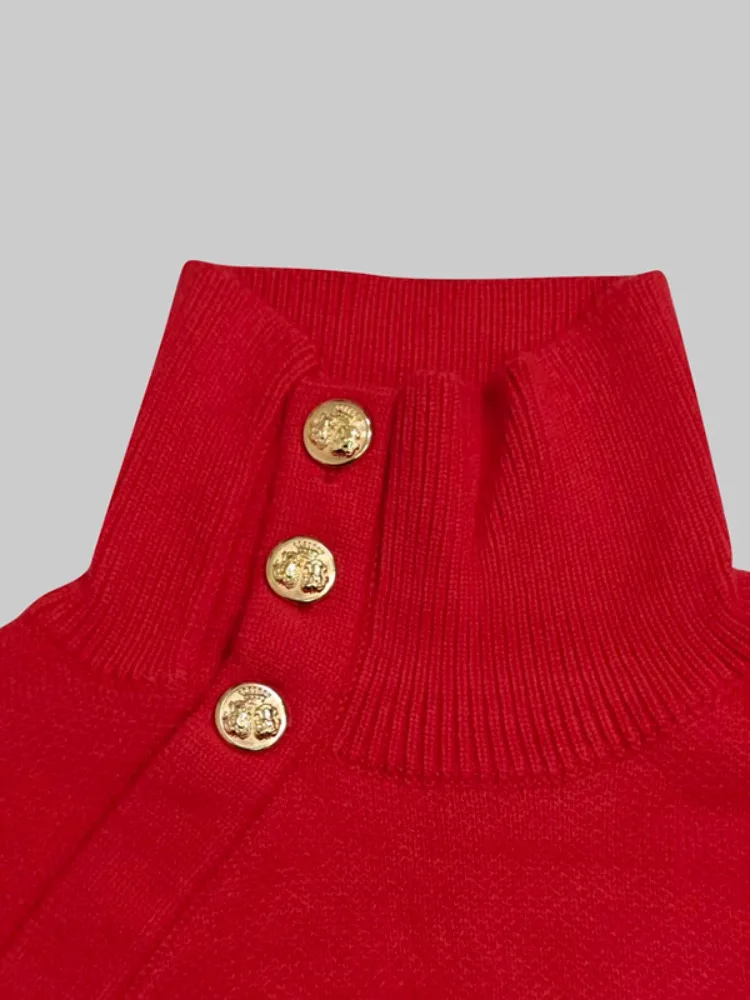 Women High Neck Asymmetric Gold Button Decor Long Sleeves Loose Knit Sweater Elegant Casual Pullover Jumper Tops view 6