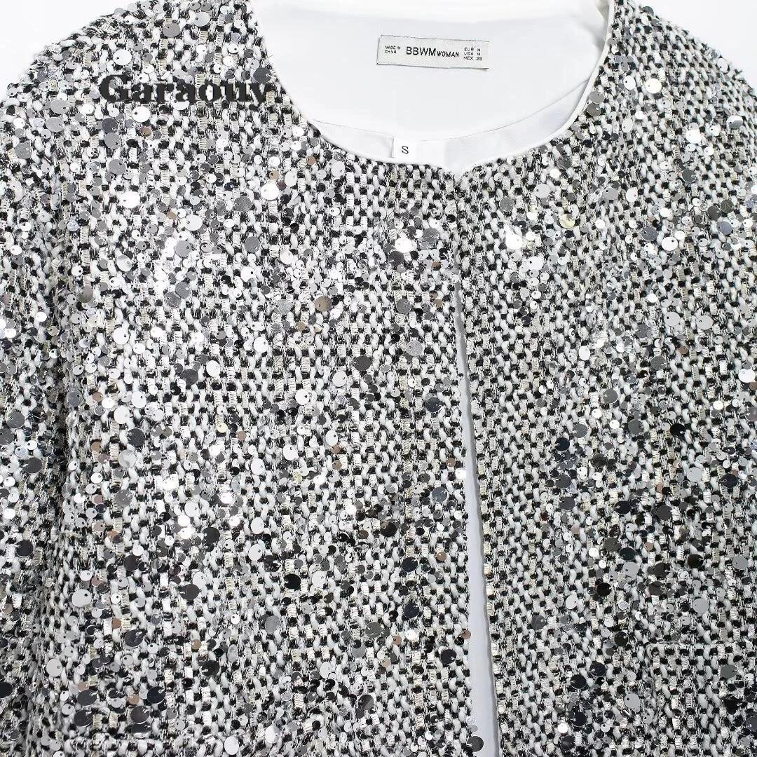 Garaouy Women 2024 Autumn New Arrival Round Neck Solid Color Outweater Sequin Decorated Tweed Sequin Jacket