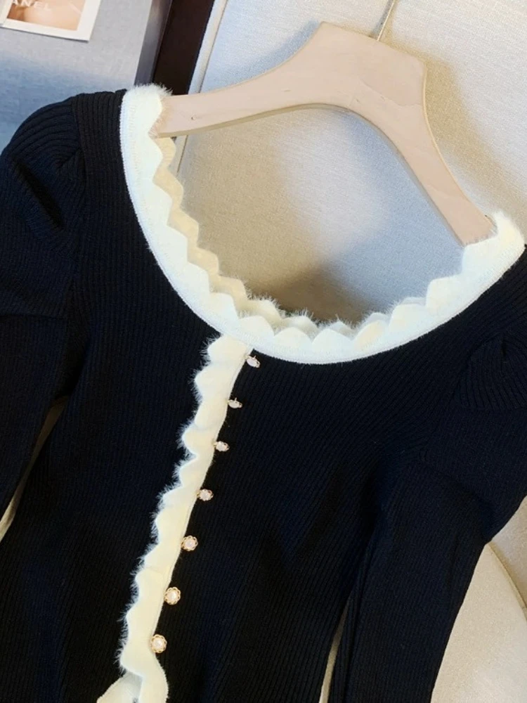 Y2K Temperament Women Cardigan Tops 2024 Ropa Mujer Pull Femme Knitted Tunic Sweater Coat Ruffles Chic Sweet Sueter