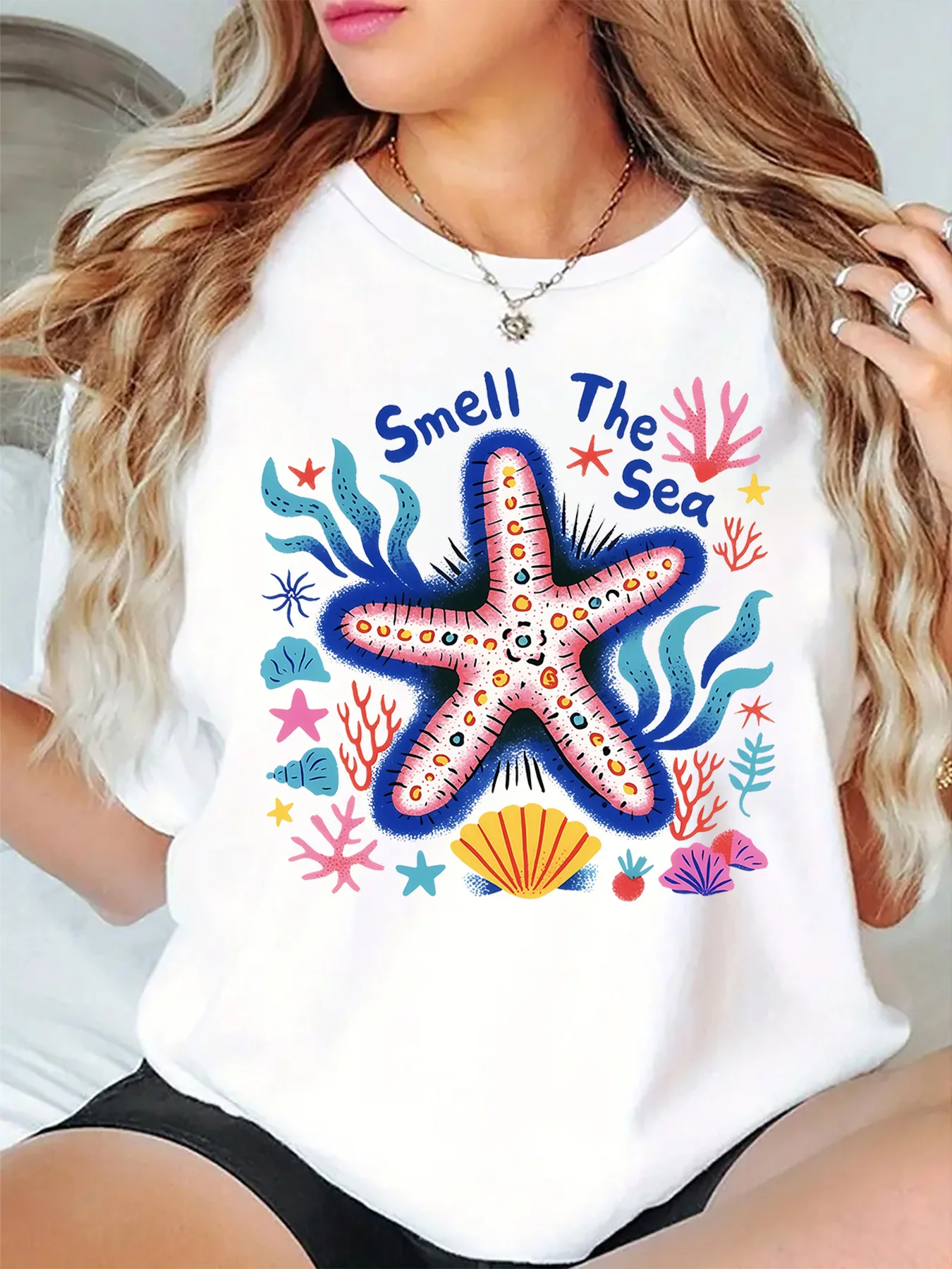 Cute Smell The Sea Colorful Starfish Coral Seaweed Shell Art Print Graphic Ladies T Shirt Short Sleeve Crew Neck Casual Tee Tops