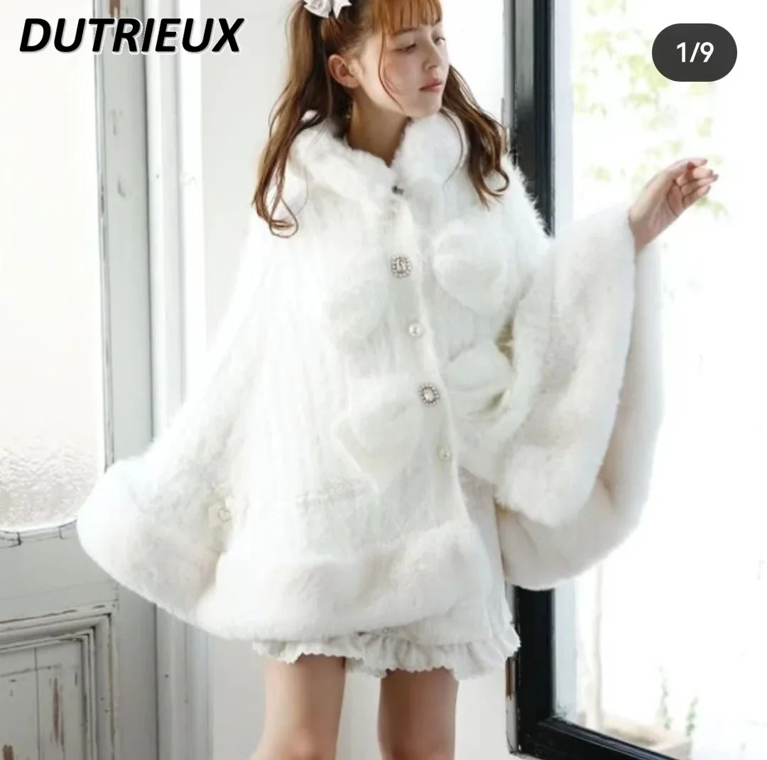 Japanese Style Sweet Cute Faux Rabbit Fur Cape Coat Women\'s Winter Hooded Single-Breasted Batwing Sleeve Sweater Cardigan