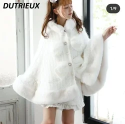 Japanese Style Sweet Cute Faux Rabbit Fur Cape Coat Women's Winter Hooded Single-Breasted Batwing Sleeve Sweater Cardigan