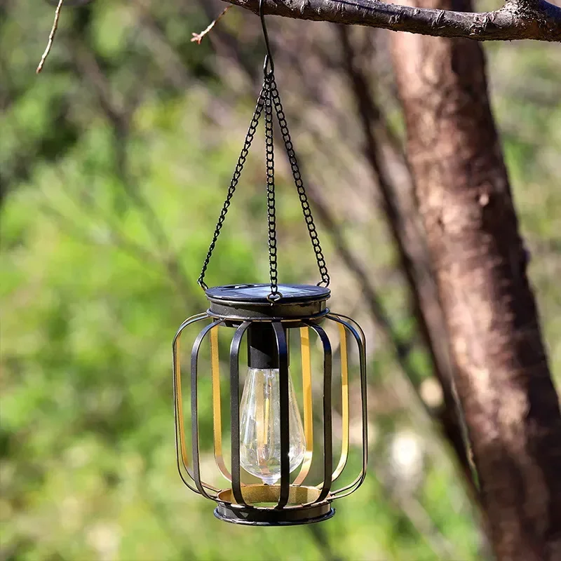 Outdoor Retro Solar Wrought Iron Lantern, Lawn, Terrace Waterproof Iron Solar Lighting Hanging Lamp