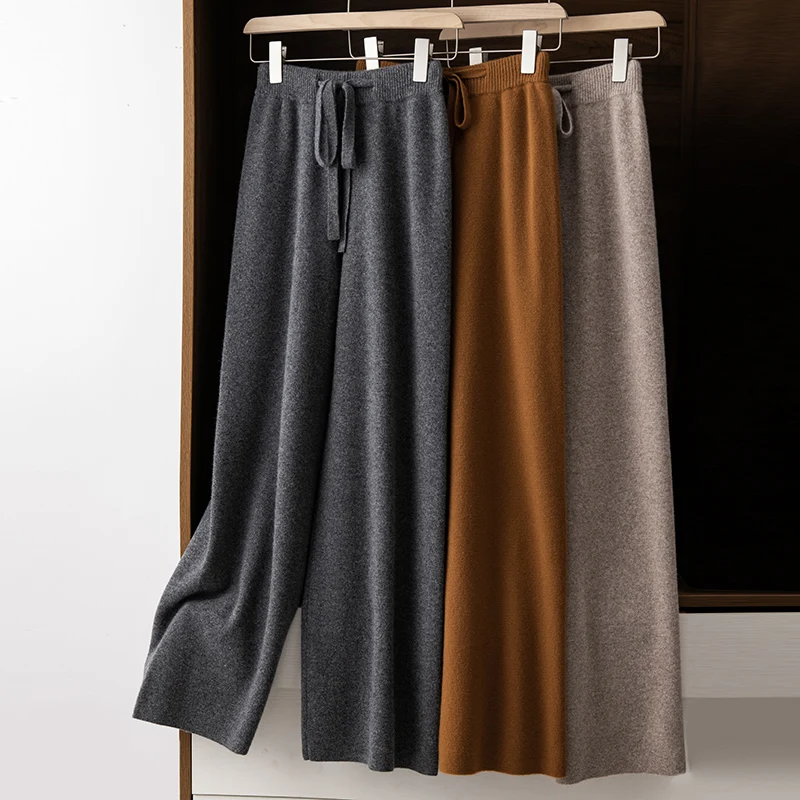 Women's Pure Wool Pants Basic Casual Wide Leg Pants Spring Autumn Winter 100% Merino Wool Knitwear Soft Korean Popular Trousers
