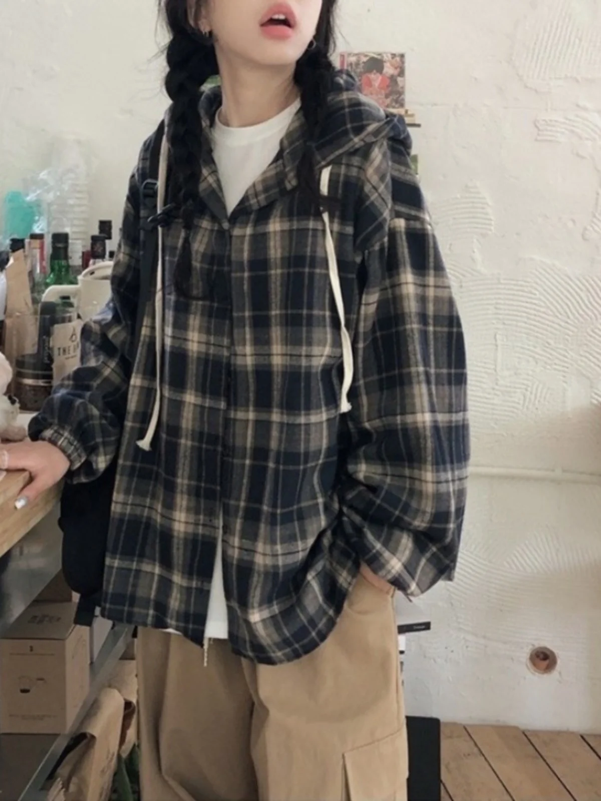 Retro Plaid Hooded Coat Women Spring Autumn New Korean Style Sweet Youth Loose Match Long Sleeve Lazy Style Top