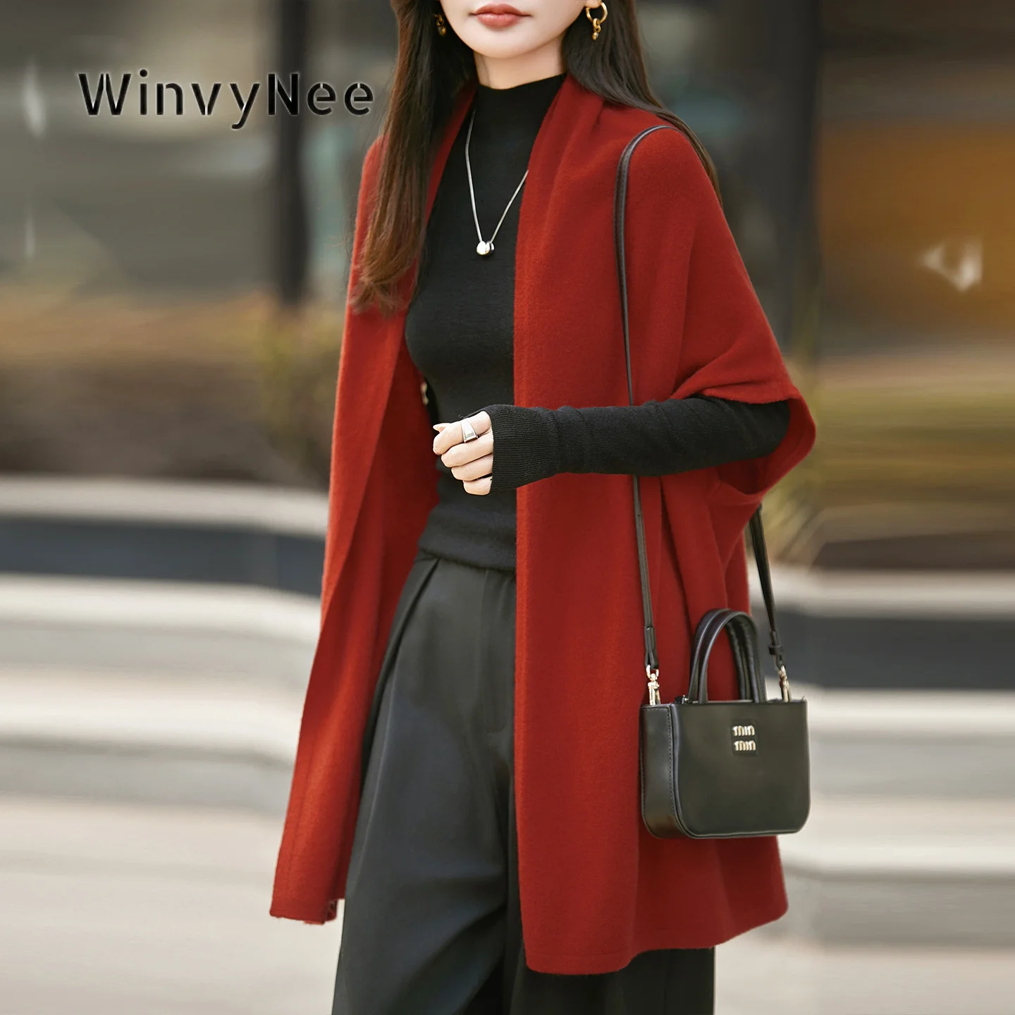 Image of WinvyNee Damen-Strickjacke mit Fledermausärmeln, reine Wolle, winddicht, schick, vielseitig, lockere Passform, Herbst-Winter-Outfit ZB1673028