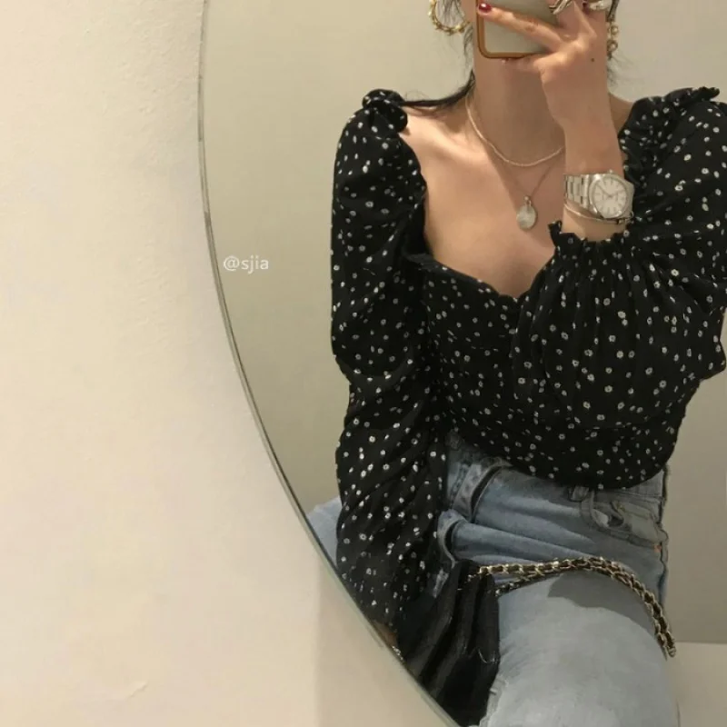 Chic Square Collar Short Top Women\'s Spring and Autumn Design Sense 2022 New French Style Retro Long Sleeve Floral Shirt