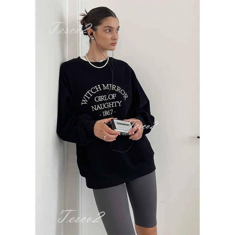 Tesco Letter Print Spring Autumn Hooded For Women Long Sleeve Women's Sweatshirts Casual Black Vintage Pullovers Female Tops