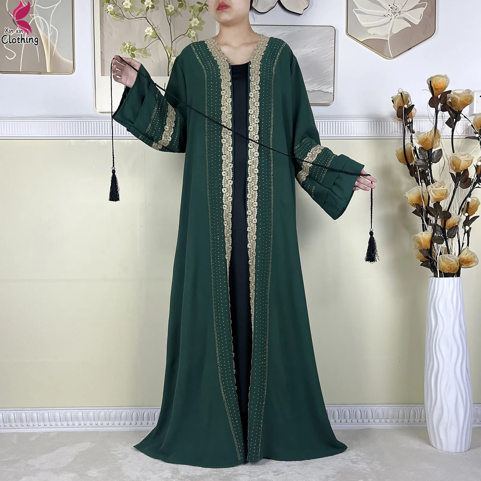 New Style Dubai Women Elegant Dress Embroidery Chiffon Open Abaya with Zipper Islamic Lady Long Dress Abaya Women Muslim Dress