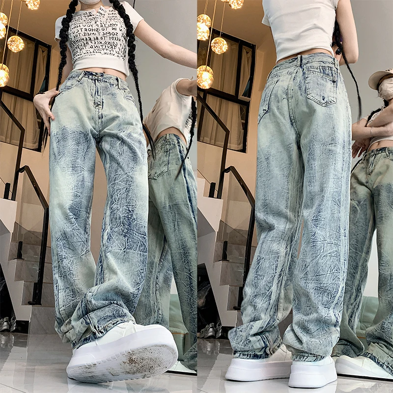 

Woman High Waist Y2k 90s Jeans Girls American High Street Loose Tie Dye Straight Leg Pants Female Blue Denim Wide Leg Trousers