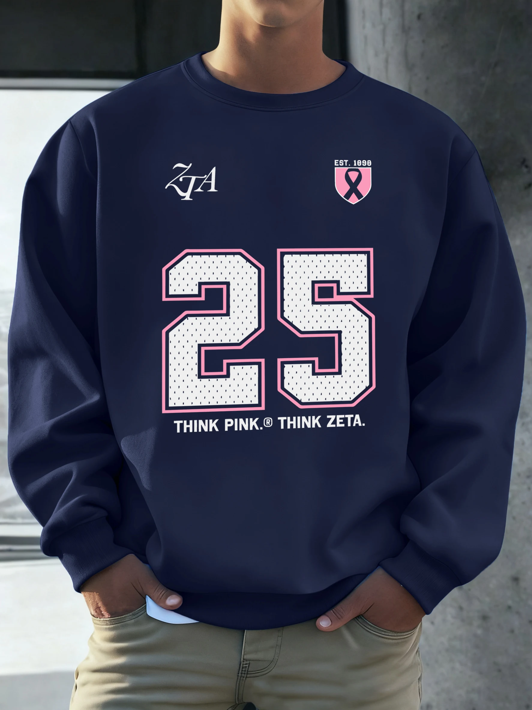 Think Pink Think Zeta Number 25 Print Men Sweatshirt Street Casual Pullover Hipster Loose Long Sleeve Fleece Fashion Streetwear