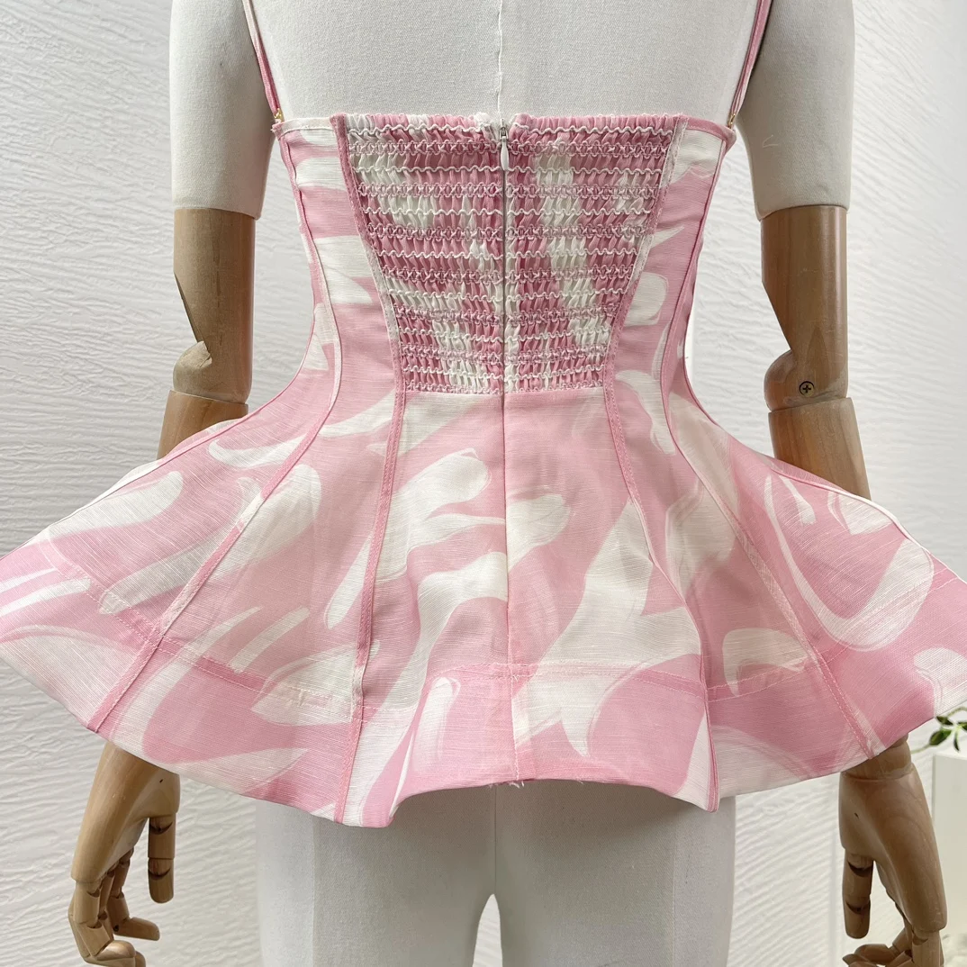 Dolce lino di seta rosa 2024 nuova collezione bianco a mano libera pittura arricciatura vacanze estive donna canotta top