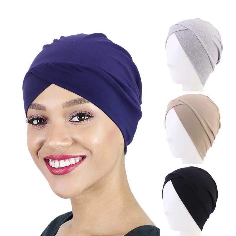 New Women Turban Modal Cotton Cross Muslim Headwrap Button Cap Soft Beanie Inner Underscraf Hat Headcover Hijabs Lady Chemo Cap