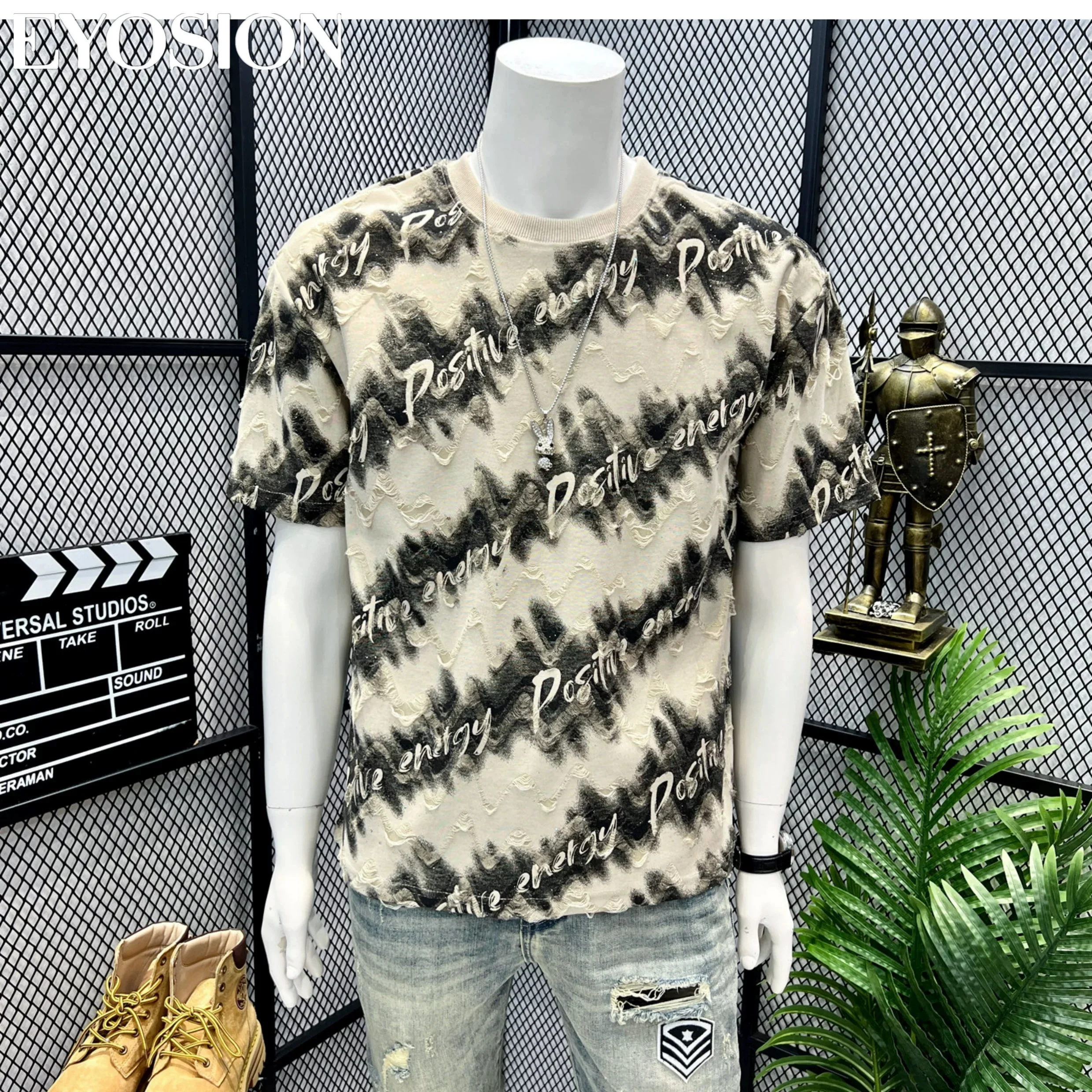 Men's Summer T-shirt Vintage Tie-Dye Hole Tearing Letter Design Short Sleeve Slim Fit Casual Streetwear High Quality Tops Tee