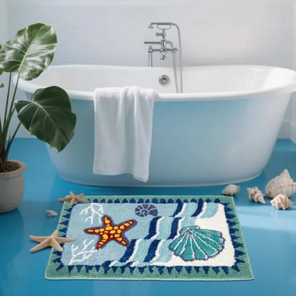 Coastal Beach Bathroom Rug Blue Shell Bath Mat Tufted Non Slip, Machine Washable Cute Kids Sea Bathtub mat Bathroom Bedroom Deco