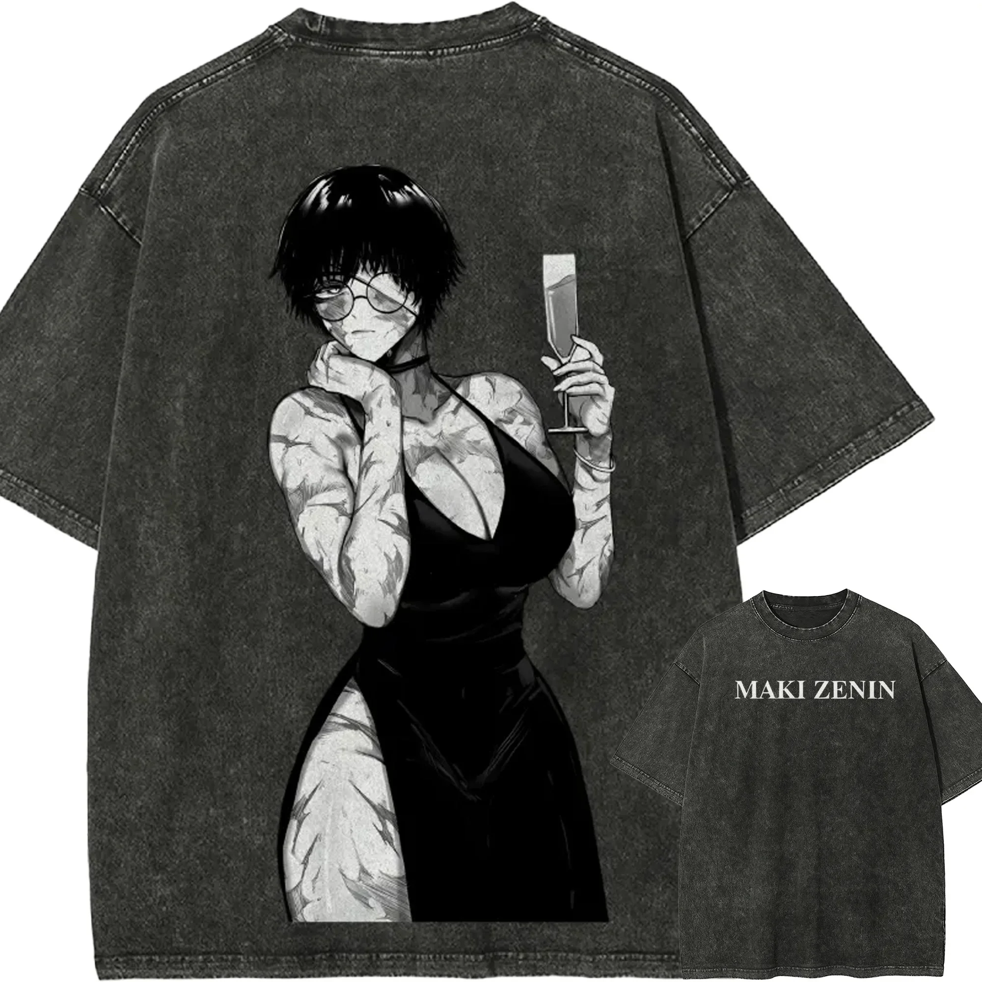 Maki Zenin T-shirt Jujutsu Kaisen 0 Sexy Dress Tee Vintage Washed Oversized Retro Anime Harajuku Men Streetwear Graphic Clothes